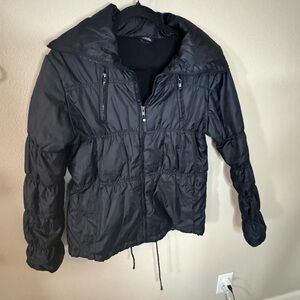Y2K Black Puffer Jacket Lightweight Quilted Zip Up Drawstring Waist Size XL
